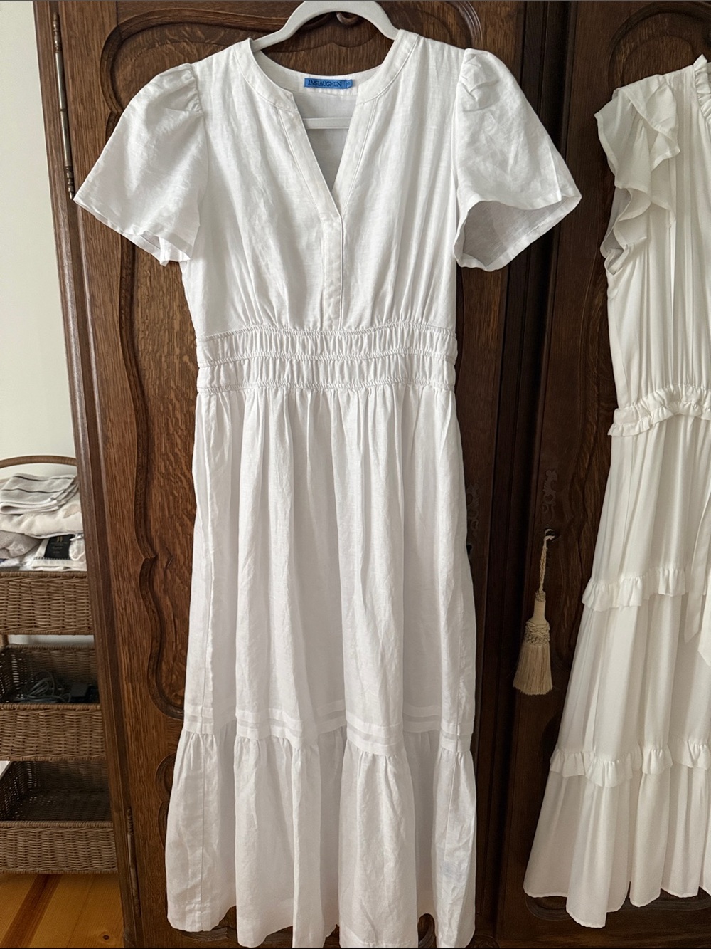 I.McLaughlin Women's White Smocked Waist V-Neck Midi Dress